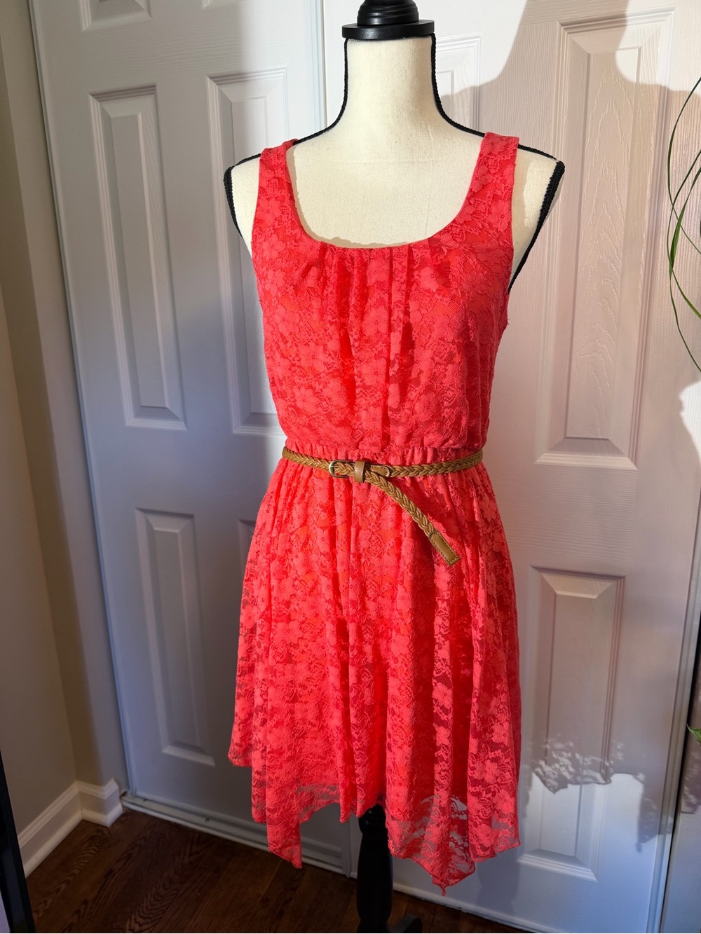 Love Reign Coral Lace High-Low Dress with Braided Belt